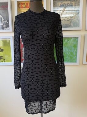 Y2K Black Mesh Geometric Bodycon Mini Dress | Sheer  | Clubwear | Party